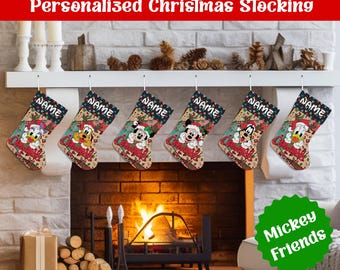 Personalized Christmas Stockings, Disney Mickey Friends Christmas Stocking, Mickey Minnie Pluto Donald Daisy Custom Name Gift For Kid Family