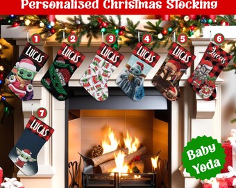 Personalized Baby Yoda Christmas Stocking, Custom Grogu Christmas Stocking, Custom Name Holiday Stocking, Kids Christmas Gift Decor