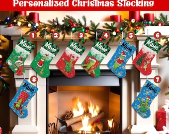 Personalized Green Guy Christmas Stocking, Custom Mean Guy Christmas Stocking, Funny Green Guy Holiday Stocking, Gift For Kids Family Decor