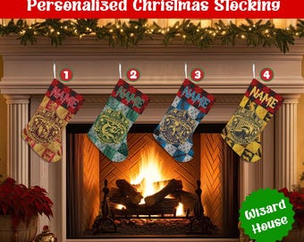 Personalized Harry House Christmas Stocking, Custom Gryffindor Slytherin Ravenclaw Hufflepuff Christmas Stocking, Wizard Gift