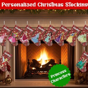 May include: Ten Christmas stockings featuring various animated princess characters and a fairy on a red background with a deer pattern. Each stocking has a white cuff with the word NAME printed in black. The text Personalized Christmas Stocking appears.