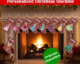 Personalized Christmas Stockings, Disney Princess Christmas Stocking, Rapunzel Ariel Belle Cinderella Snow White Tiana Custom Name Gift