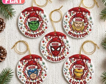 Personalized Superhero Christmas Ornament, Custom Name 2026 Ornament, Hulk Thor Spider Man Iron Man Captain America, 2D Flat Ceramic Gift