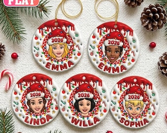 Personalized Princess Christmas Ornament, Custom Name 2026 Ornament, Christmas Princess Character, 2D Flat Ceramic Tree Decor, Girls Gift