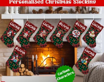Personalized Disney Christmas Stocking, Custom Mickey Minnie Goofy Donald Daisy Christmas Stocking, Family Holiday Mantel Decor Gift For Kid