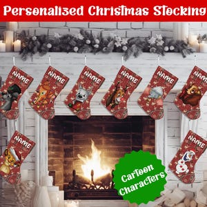 May include: Eight red Christmas stockings featuring a plaid pattern with white reindeer silhouettes. Each stocking displays a unique cartoon character and the text NAME at the top. The stockings are hung in a row against a white brick fireplace.