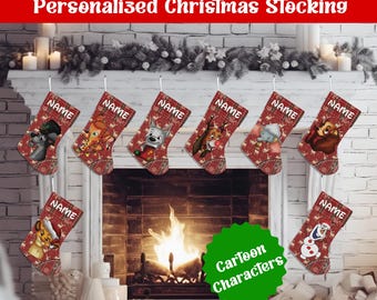 Personalized Christmas Stockings, Disney Christmas Stocking, Simba Olaf Dumbo Bolt Lady Tramp Custom Name Stocking Gift For Kids Family