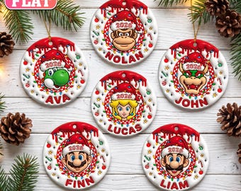 Personalized Mario Christmas Ornament, Custom Name 2026 Ornament, Mario Luigi Bowser Yoshi, 2D Flat Ceramic Tree Decor, Kids Christmas Gift