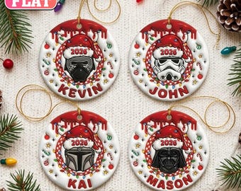 Personalized Star Wars Christmas Ornament, Custom Name 2026 Ornament, Darth Vader Stormtrooper Mandalorian Kylo Ren, 2D Flat Ceramic Gift