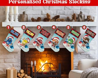 Personalized M&M Christmas Stocking, Custom Name Candy Character Stocking, Red Yellow Blue Green Brown Christmas Stocking Gift