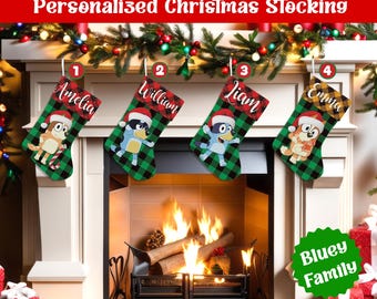 Personalized Blue Dog Family Christmas Stocking, Custom Name Blue Dog Mom Dad Stocking, Kids Christmas Stocking Holiday Gift