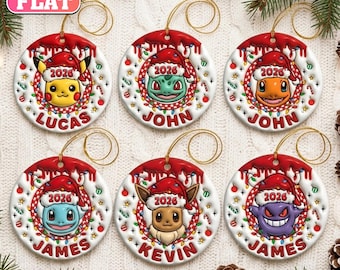 Personalized Poke Game Christmas Ornament, Custom Name 2026 Ornament, Poke Game Character, 2D Flat Ceramic Tree Decor, Kids Gift