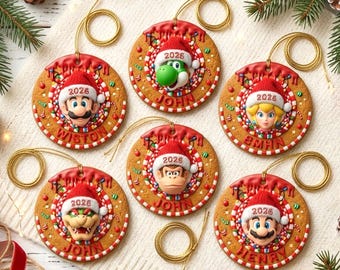 Personalized Mario Christmas Ornament, Custom Name 2026 Ornament, Mario Luigi Bowser Yoshi, 2D Flat Ceramic Tree Decor, Kids Christmas Gift