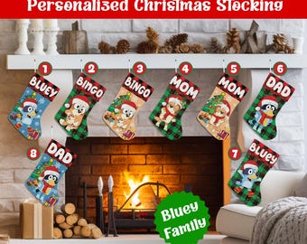 Personalized Blue Dog Family Christmas Stocking, Custom Name Blue Dog Mom Dad Stocking, Kids Christmas Stocking Holiday Gift