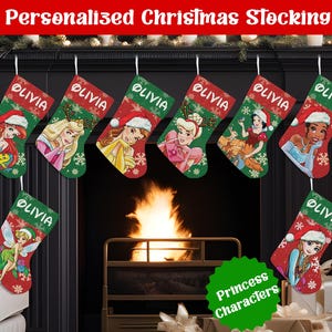 May include: A collection of eight Christmas stockings featuring various animated princess characters wearing Santa hats, each with the name Olivia printed in white on a green cuff. The stockings are decorated with white snowflake patterns.