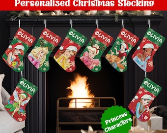 Personalized Disney Princess Christmas Stocking, Custom Ariel Belle Cinderella Snow White Tiana Anna Christmas Stocking Gift For Kids