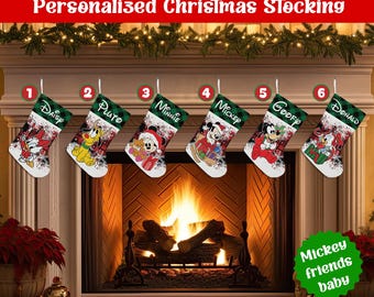 Personalized Mickey Friends Baby Christmas Stocking, Custom Name Baby First Christmas Stocking, Mickey Minnie Pluto Goofy Donald Gift