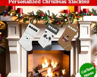 Personalized Christmas Stockings, We Bare Bears Christmas Stocking, Ice Bear Panda Grizzly Custom Name Stocking Gift For Kids Family
