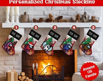 Personalized Among Us Christmas Stocking, Custom Among Us Christmas Stocking, Funny Crewmate Impostor Holiday Stocking, Gift For Kids