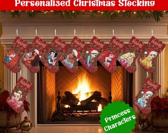 Personalized Christmas Stockings, Disney Princess Christmas Stocking, Rapunzel Ariel Belle Cinderella Snow White Tiana Custom Name Gift