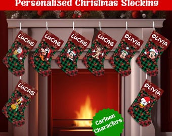 Personalized Disney Christmas Stocking, Custom Mickey Minnie Goofy Donald Daisy Christmas Stocking, Family Holiday Mantel Decor Gift For Kid