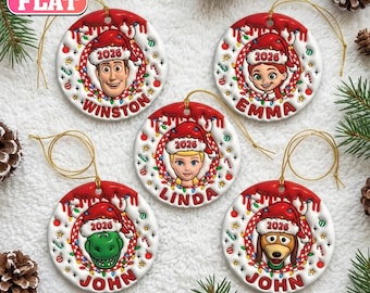Personalized Toy Story Christmas Ornament, Custom Name 2026 Ornament, Woody Jessie Bo Peep Slinky Dog, 2D Flat Ceramic Tree Decor, Kids Gift