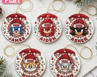 Personalized Sonic Christmas Ornament, Custom Name 2026 Ornament, Sonic Knuckles Shadow Tails Character, 2D Flat Ceramic Decor, Kids Gift
