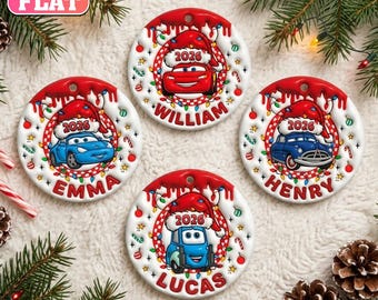 Personalized Cars Christmas Ornament, Custom 2026 Ornament, Lightning McQueen Car Character, 2D Flat Ceramic Tree Decor, Kids Christmas Gift
