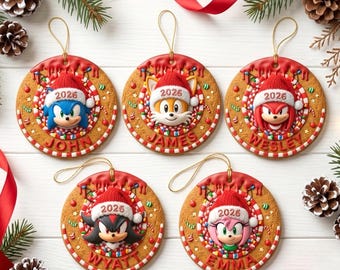 Personalized Sonic Christmas Ornament, Custom Name 2026 Ornament, Sonic Knuckles Shadow Tails Character, 2D Flat Ceramic Decor, Kids Gift