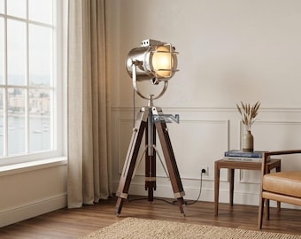 Lámpara de pie náutica con foco: trípode de madera de estilo industrial para decoración de estudios y hogares.
