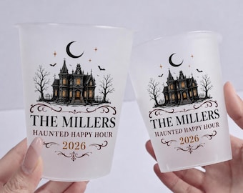 Personalized Haunted Happy Hour Cups, Custom Adult Halloween Frosted Cups