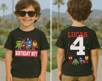 Personalized Marvel Avengers Birthday Boy Shirt, Custom Name 4th Birthday Superhero Shirt, Custom Name and Age Cartoon Shirt, Iron Man hirt