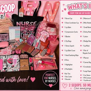 May include: A pink-themed gift box for nurses, filled with various items. Includes a backpack, tote bag, notebooks, lip balm, and other accessories. Text on the image reads "TWO-SCOOP Order!" and "packed with love!"