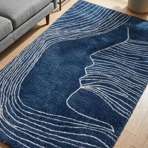 Chemin de table indigo de style scandinave | Motif vague abstrait | Shag texturé | Tapis d'entrée moderne | Dimensions de la zone |