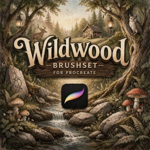 May include: Digital art illustration featuring a woodland scene with the text "Wildwood BRUSHSET for Procreate." The image includes a stream, mushrooms, an owl, a deer, and a cabin. A Procreate app icon is also present.