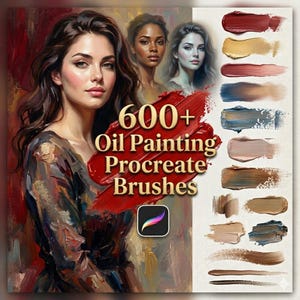 Pode incluir: Imagem de arte digital com uma mulher de cabelo castanho comprido, juntamente com outras duas mulheres. A imagem inclui o texto "600+ Oil Painting Procreate Brushes" e um ícone da aplicação Procreate. Uma série de amostras de pinceladas coloridas são exibidas.