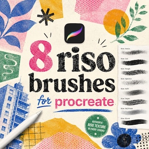 8 Riso-penslar för Procreate | Retro Grain, bläckstruktur (digital nedladdning)