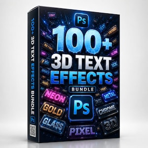 May include: A rectangular software box for 100+ 3D Text Effects Bundle featuring the Adobe Photoshop logo. The front displays large blue 3D text with various smaller labels like Neon, Gold, Glass, Metal, and Chrome against a dark background.