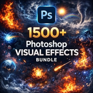 Puede incluir: Gráfico digital con un fondo cósmico oscuro con explosiones de fuego, relámpagos y un tornado. La imagen incluye el logotipo de Adobe Photoshop y el texto "1500+ Photoshop Visual Effects Bundle."