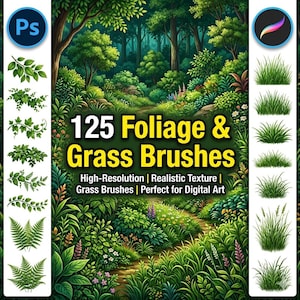 Puede incluir: Ilustración de pinceles de arte digital para follaje y hierba. La imagen presenta una escena de bosque con un sendero, rodeada de exuberante vegetación. El texto dice "125 Pinceles de Follaje y Hierba" con detalles sobre alta resolución y texturas realistas.