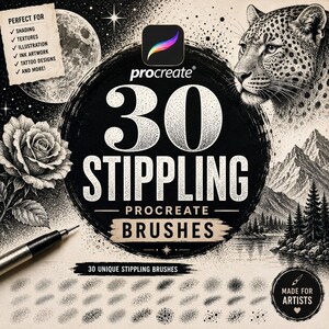 Puede incluir: Un conjunto de arte digital con 30 pinceles de puntillismo para Procreate. El gráfico muestra el texto 30 STIPPLING PROCREATE BRUSHES, un leopardo, una rosa, una luna y montañas. Se observa un lápiz óptico y muestras de trazos de pincel.