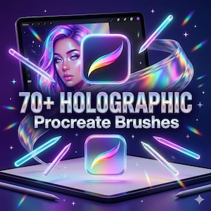 Puede incluir: Ilustración de arte digital con una tableta con el icono de la aplicación Procreate y un retrato de una mujer con cabello holográfico. La imagen incluye el texto "70+ HOLOGRAPHIC Procreate Brushes" y varios lápices digitales.