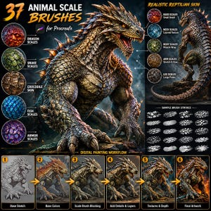 Könnte beinhalten: Ein digitales Set aus 37 Tierhaut-Pinseln für Procreate mit einer zentralen Illustration einer reptilienartigen Kreatur, verschiedenen Texturmustern für Schuppen und einer sechsstufigen Anleitung für den digitalen Malprozess.