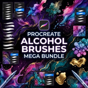 Può includere: Grafica di arte digitale con il logo dell'app Procreate e il testo "Procreate Alcohol Brushes Mega Bundle". L'immagine mostra varie pennellate ed effetti di inchiostro alcolico colorati nelle tonalità del blu, viola e oro.