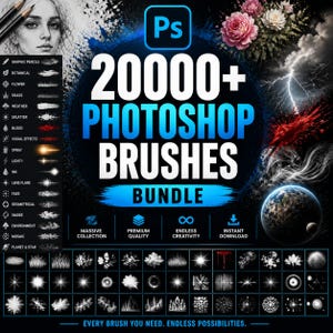 以下が含まれることがあります： 「20000+ Photoshop Brushes Bundle」というテキストが入ったデジタルアートバンドルの広告。女性の肖像画、ブラシストロークの例、アイコンが特徴です。「Every brush you need. Endless possibilities」というテキストが下にあります。
