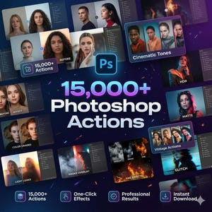 Paquete de más de 15 000 acciones de Photoshop / Efectos fotográficos, ajustes preestablecidos, retoque de retratos (descarga digital)