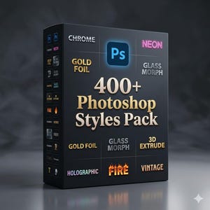 May include: A black box with the text "400+ Photoshop Styles Pack" in gold lettering. The box features various style options like "Chrome," "Gold Foil," "Neon," and "Fire." A blue "Ps" logo is centered on the box.