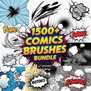 May include: A digital art bundle with comic book-style brushes. The image features various comic book elements, including speech bubbles, sound effects, and dynamic lines. The central text reads "1500+ COMICS BRUSHES BUNDLE" with the Procreate logo.