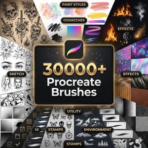 Puede incluir: Un anuncio de pinceles de arte digital para la aplicación Procreate, con el texto "30000+ Procreate Brushes". La imagen muestra varios estilos artísticos, incluyendo bocetos, estilos de pintura, gouaches y efectos. Elementos adicionales incluyen sellos y elementos de interfaz de usuario.