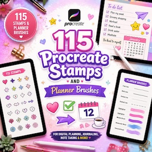 May include: Digital planner stamps and brushes for the Procreate app. The image shows three tablets displaying stamps, brushes, and a to-do list. The text reads "115 Procreate Stamps and Planner Brushes" with additional text for digital planning.